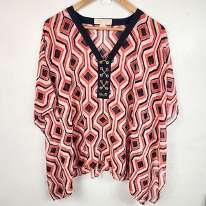 Michael Kors Blue/Pink Geometric Poncho Kimono Top Beach Gold Tassels S/M